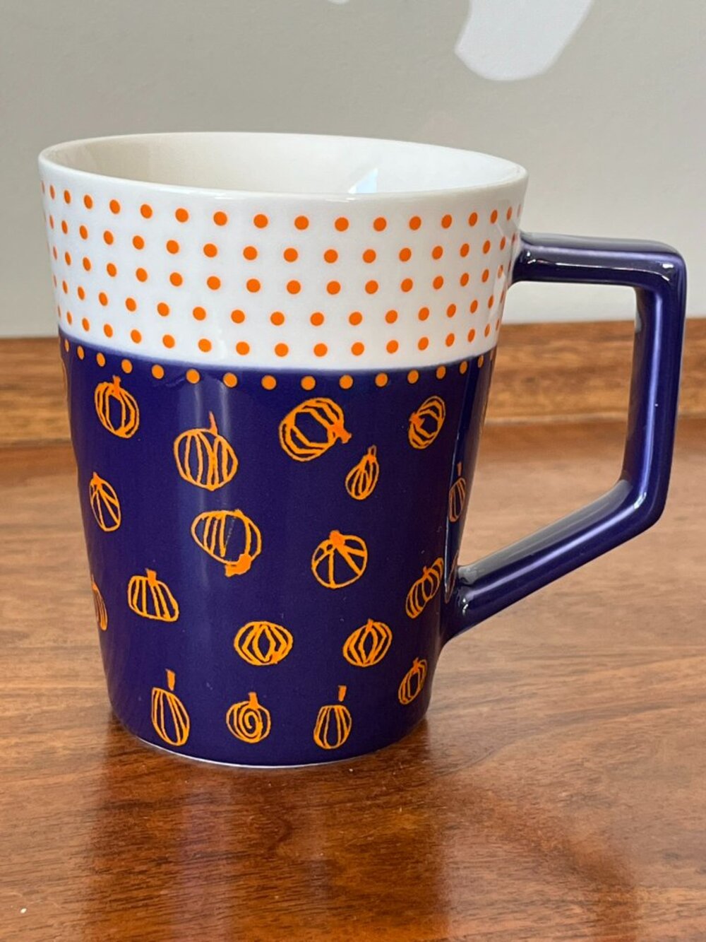 Teavana Pumpkin Mug Tea Coffee Cup 2016 Navy Orange Fall Halloween Dots 12 oz